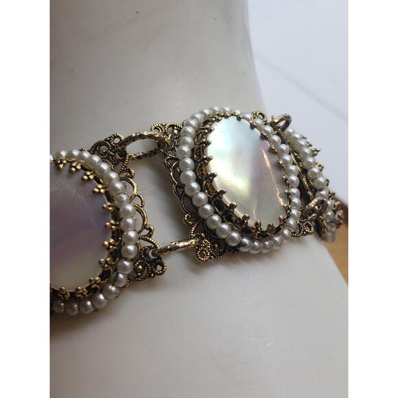 Vintage Filigree Bracelet Mother of Pearl MOP & Faux Pearl Accent Ornate - Picture 2 of 13
